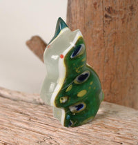 Zuni Fetish Green + White Glass Cat by Lena Boon (d)