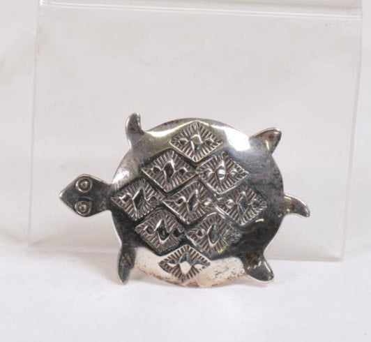Silver Turtle Pin stamped diamond bird