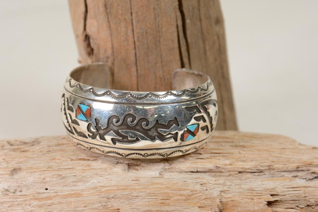 Navajo Kokopelli Cuff Bracelet with Chip inlay Coral and Turquoise Setting