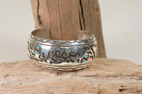 Navajo Kokopelli Cuff Bracelet with Chip inlay Coral and Turquoise Setting