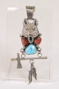 Navajo Sterling Silver Pendant: Wolf Head with Axe, Turquoise and Coral