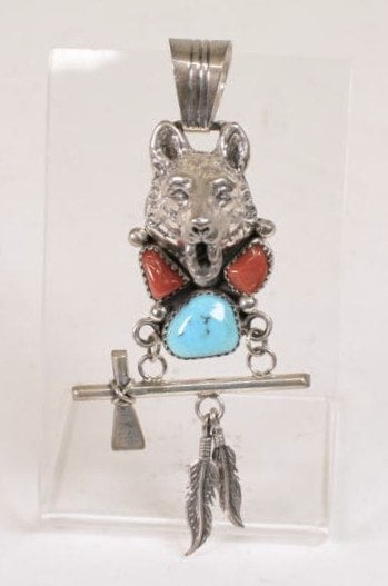 Navajo Sterling Silver Pendant: Wolf Head with Axe, Turquoise and Coral