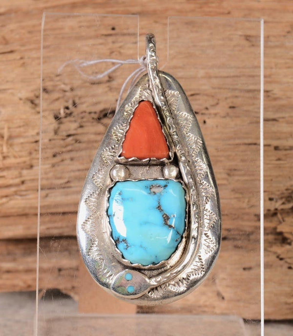 Zuni Snake Pendant by Effie Calavaza with Turquoise and Coral