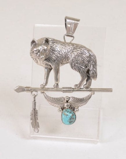 Navajo Sterling Silver Pendant: Wolf,  Spear, Feather with Turquoise.