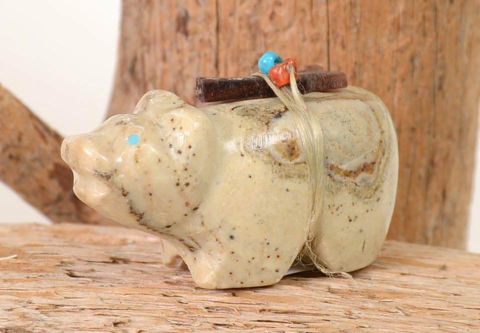 Zuni Fetish Bear with Turquoise Eyes with Arrowhead and Beads