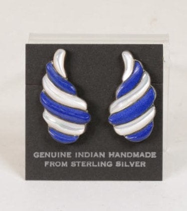 Navajo Earrings: Lapis and Mother of Pearl Shell Shaped; Sterling Silver