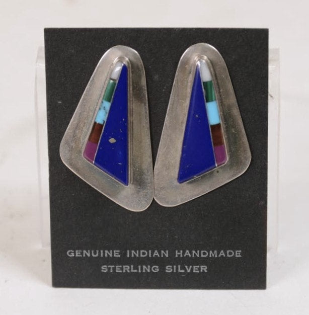 Navajo Earrings: Sterling Silver Triangle with Lapis and Multi-Stone