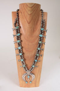 Navajo Squash Blue Turquoise Necklace with Sand Cast Naja and Blossoms