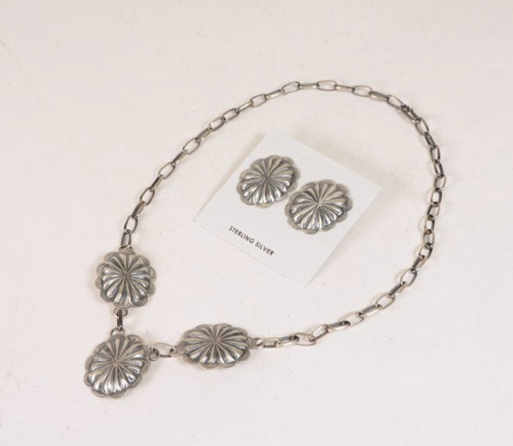Navajo Post Earrings and Necklace Set: Silver conchos