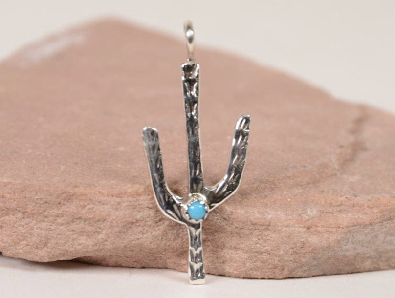 Navajo Pendant, Silver Cactus with 1 Turquoise