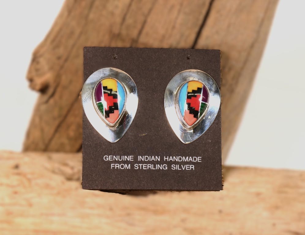 Navajo Multi-Stone Inlay Sterling Silver CLIP Earrings