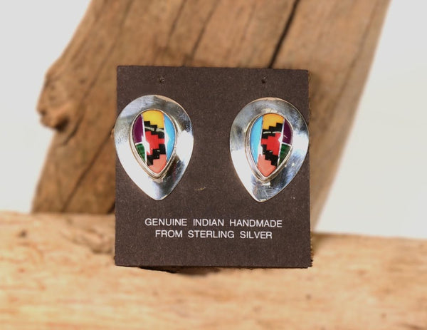 Navajo Multi-Stone Inlay Sterling Silver CLIP Earrings