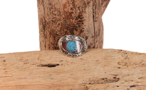 Antique Navajo Sterling Silver Inlay Ring Size 9.5