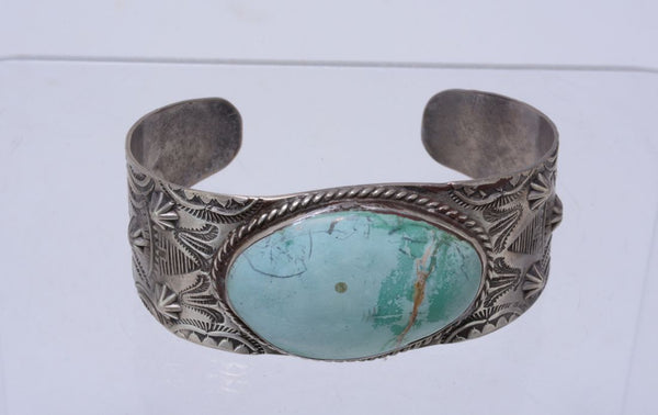 Old Navajo Bracelet with turquoise,   stamps and repousse - Fred Harvey Era