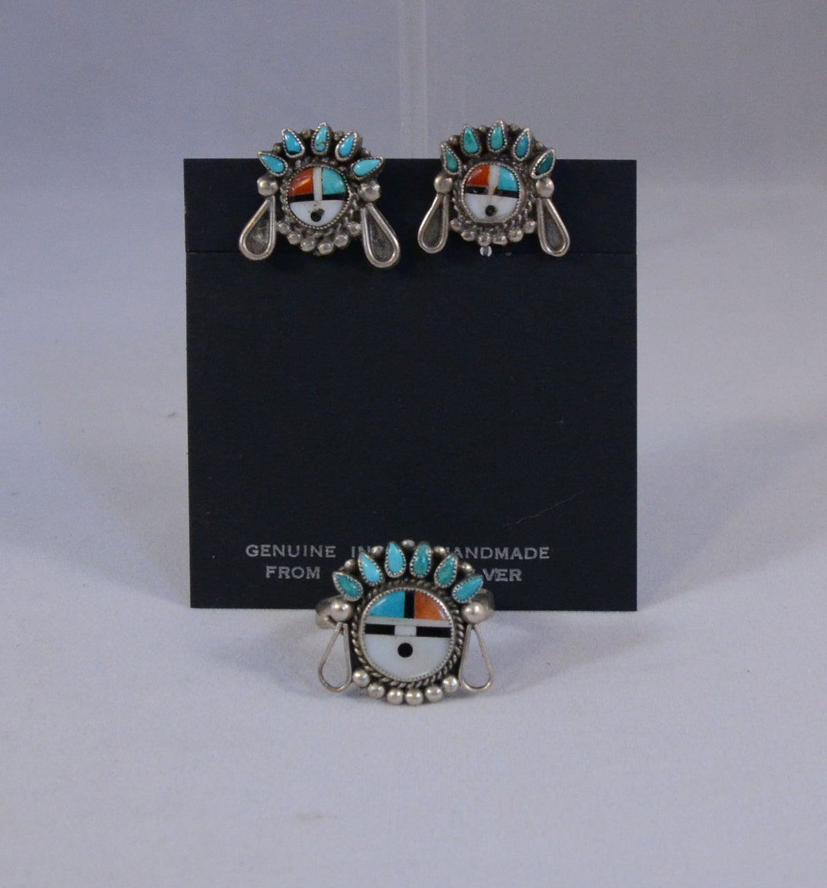 Zuni Pueblo Earrings and Ring Set Sunface Design with inlay in Sterling Silver Ring size 8.5, Screwback Earrings Unsigned.