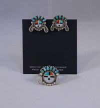 Zuni Pueblo Earrings and Ring Set Sunface Design with inlay in Sterling Silver Ring size 8.5, Screwback Earrings Unsigned.
