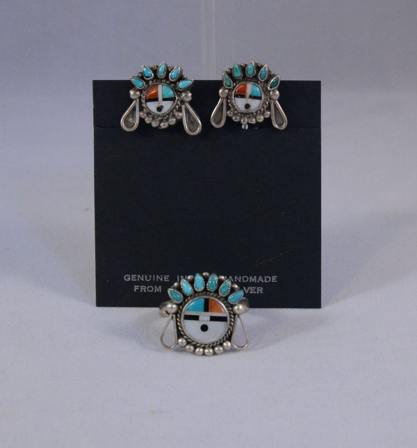 Zuni Pueblo Earrings and Ring Set Sunface Design with inlay in Sterling Silver Ring size 8.5, Screwback Earrings Unsigned.