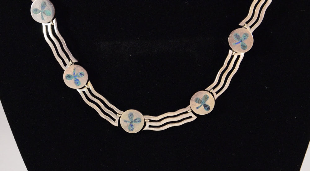 Taxco Sterling Silver & Inlay Necklace Three Wavy Bars and Clover Motif
