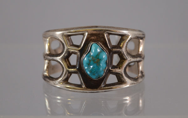 Navajo Sandcast Sterling Silver bracelet with Fox Turquoise