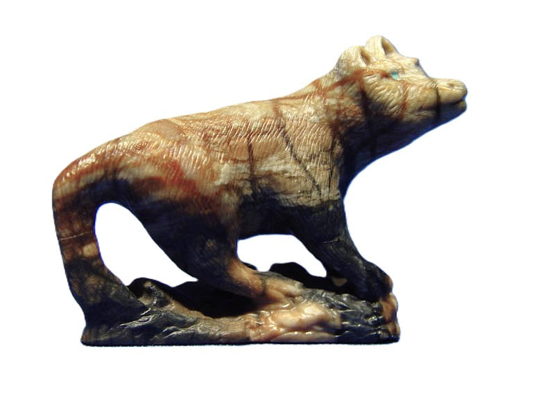 Zuni Wolf Fetish in Picasso Marble With Turquoise Eyes by Calvin Weeka