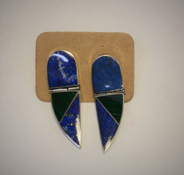 Navajo Lapis and Malachite Post Earrings: Fine 950 Silver