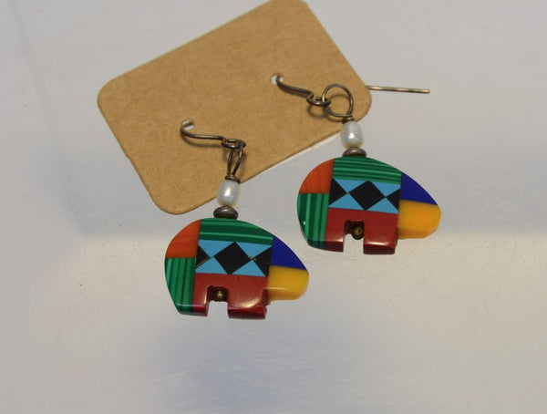 Navajo French Hook Multi Stone Inlay Bear Earrings