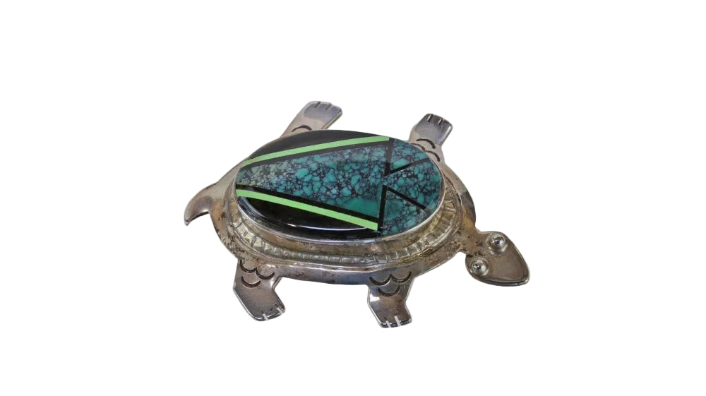 Zuni Spider Web Turquoise - Gaspeite - Onyx Turtle Pin