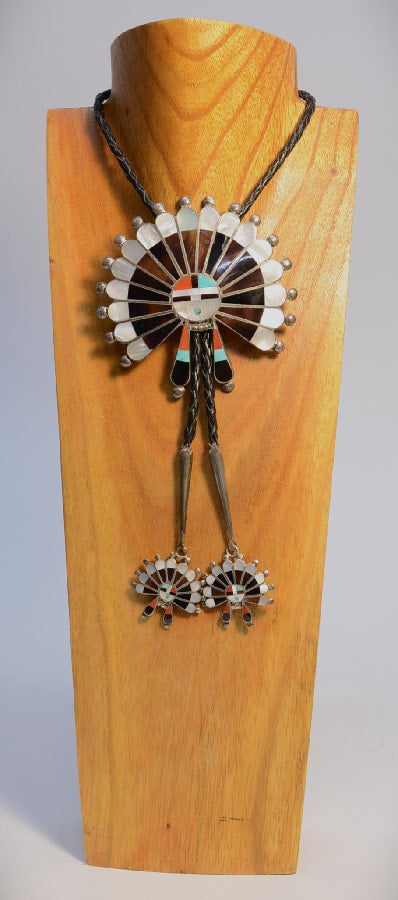 Large Vintage Zuni Sun Face Bolo Tie