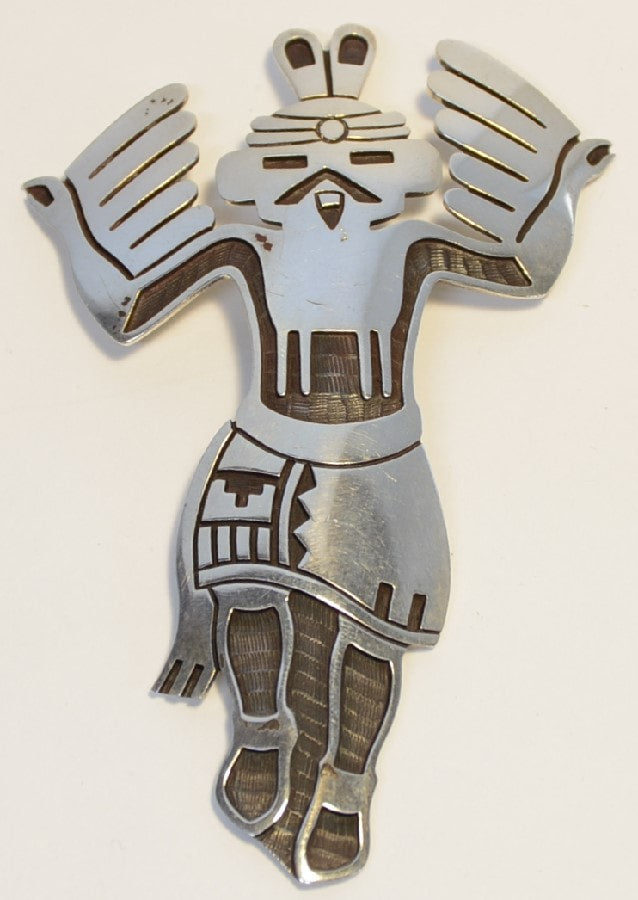 Hopi Silver Overlay Eagle Dancer Pin by Weaver Selina, 4" tall x 2.5"