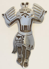 Hopi Silver Overlay Eagle Dancer Pin by Weaver Selina, 4" tall x 2.5"