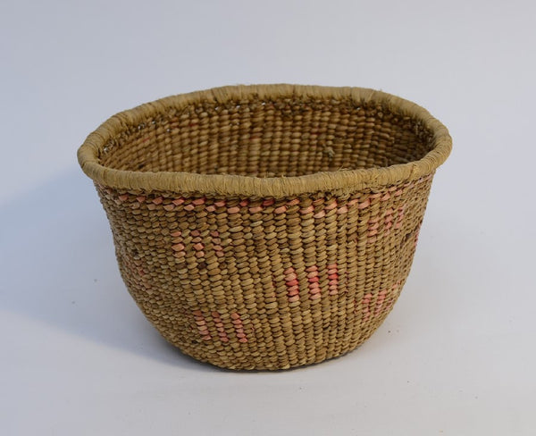 Quinault Twined basket with raffia coiled rim finish;