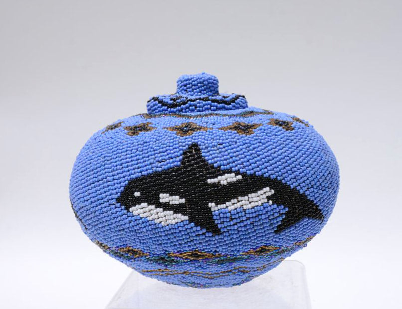 A Superb Vintage Lombok Balinese Glass Beaded Woven Basket With Lid