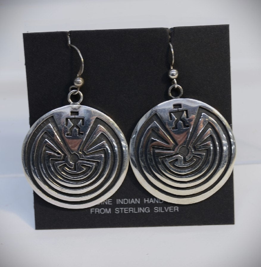 Large Hopi Man in the Maze Sterling Overlay Shield Earrings