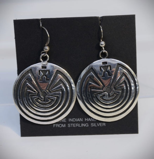 Large Hopi Man in the Maze Sterling Overlay Shield Earrings