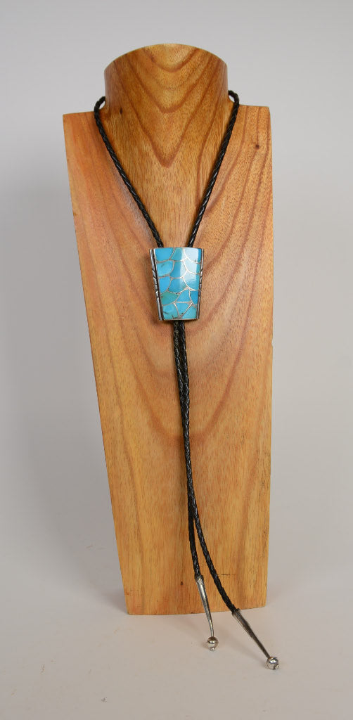 Bolo Tie turquoise channel inlaid on sterling silver signed "Ben Morgan"