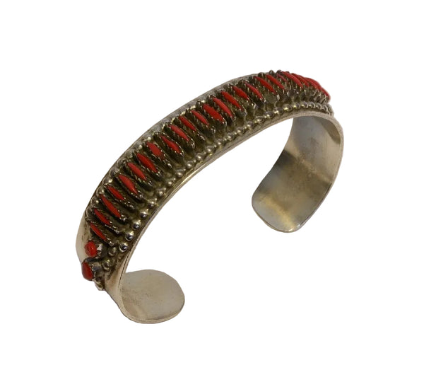 Fine Zuni Needlepoint Row Bracelet Sterling Silver and Coral