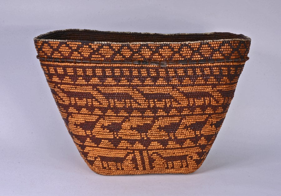 Chilcotin, Lower West British Columbia;  Large Rectangular Burden Basket with figures