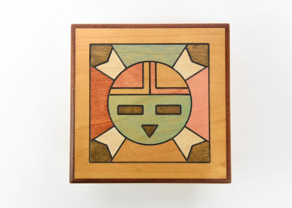 Hopi Pueblo Sunface Wooden Box with Lid By Rick Honyouti