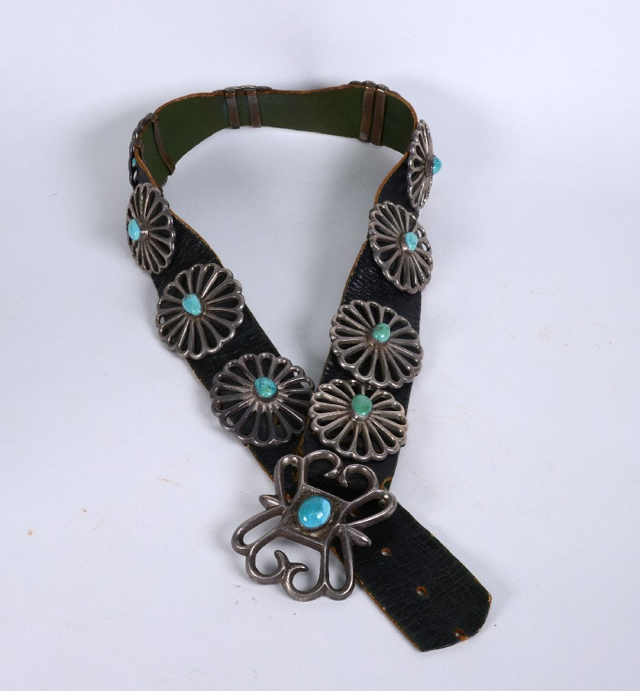 Navajo Sterling Silver and Turquoise Sand Cast Concho Belt