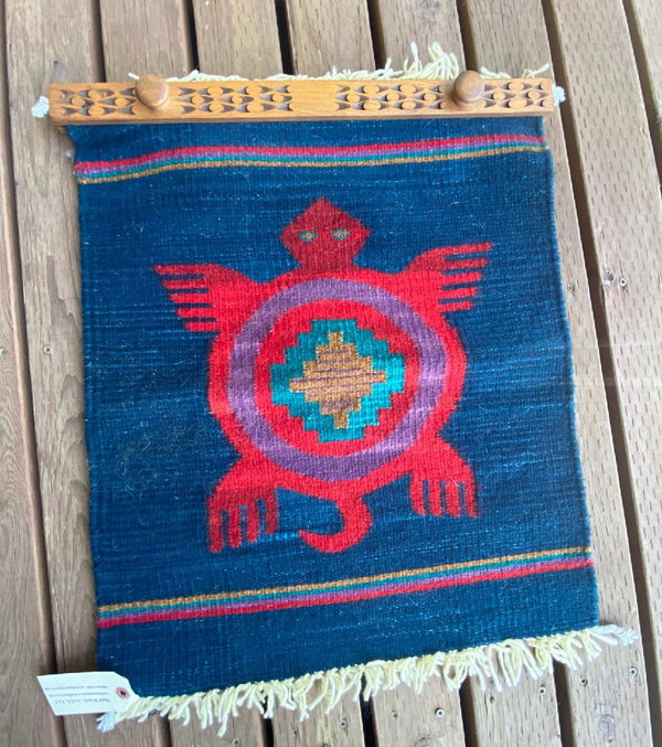 Mexican Wool Rug - Blanket Turtle Motif with Wooden Hanger