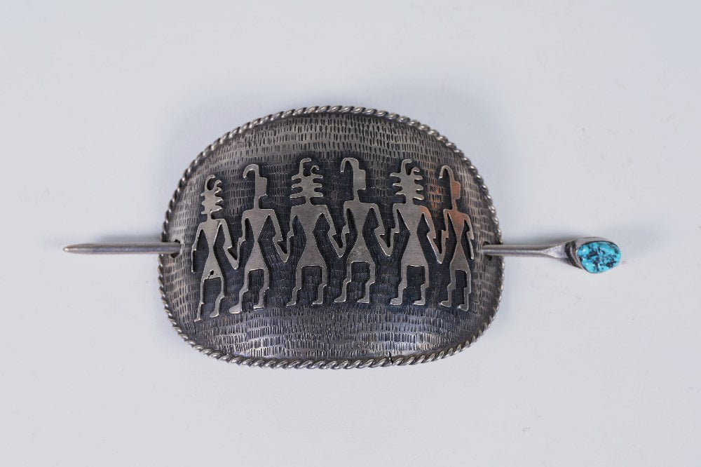 Large Hopi Sterling Silver Overlay Hair Piece - Ponytail holder with Turquoise Pin