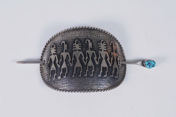 Large Hopi Sterling Silver Overlay Hair Piece - Ponytail holder with Turquoise Pin