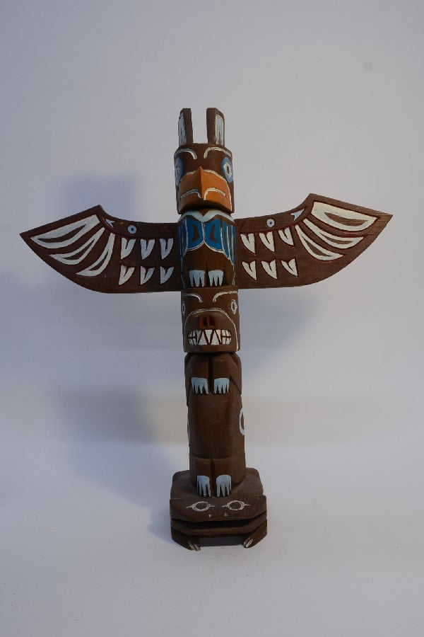 Nootka Model Totem, thunderbird, Bear and Frog by Jasper Peters
