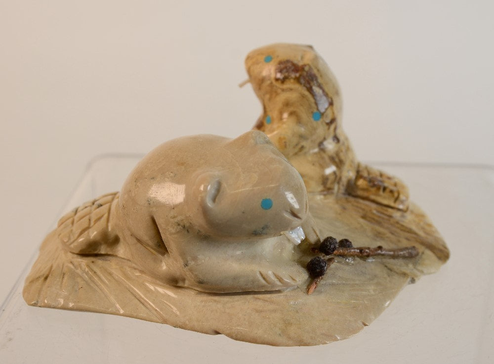 Zuni Beaver Fetish with Two Beavers. Signed by Tyler Quam & Joanne Quam