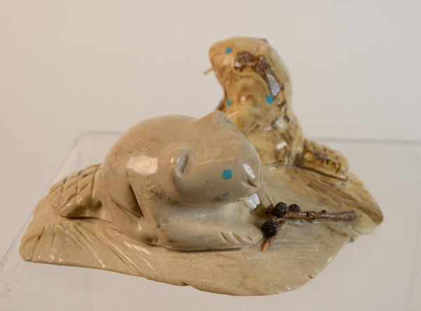 Zuni Beaver Fetish with Two Beavers. Signed by Tyler Quam & Joanne Quam