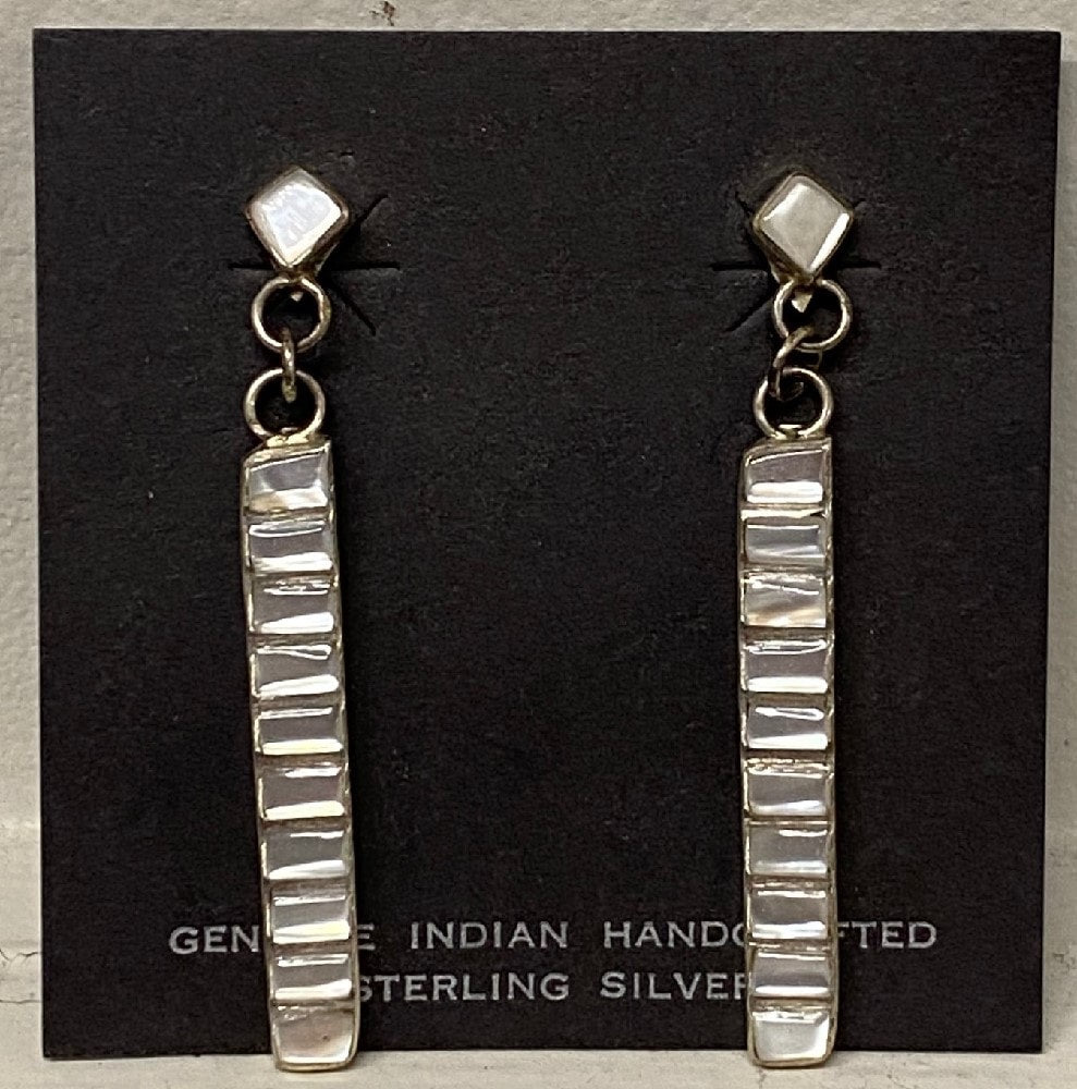 Zuni Channel Inlay Mother of Pearl and Sterling Drop Post Earrings