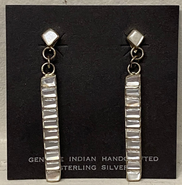 Zuni Channel Inlay Mother of Pearl and Sterling Drop Post Earrings