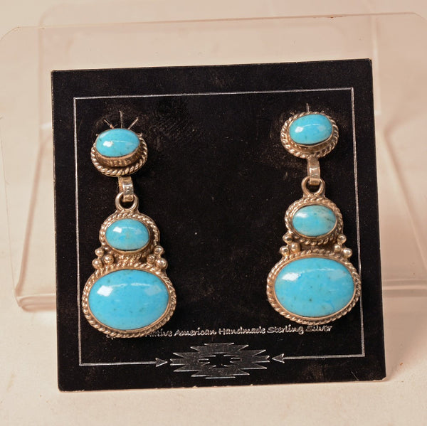 Fine Navajo Drop Post Earrings with three stunning Natural Turquoise settings