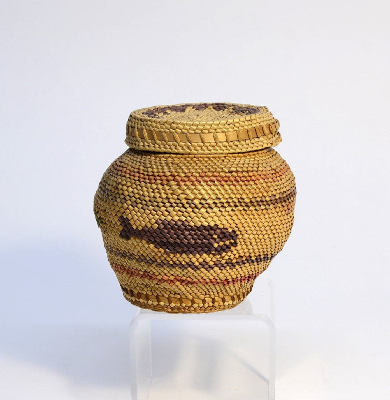 Makah Basket with Lid; Whale and Bird