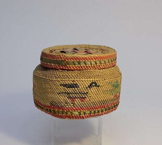 Makah Basket with Lid;  Birds and Canoe